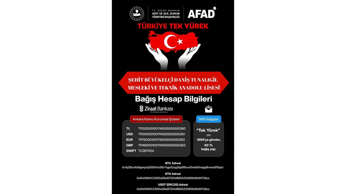 AFAD Türkiye Tek Yürek yardım kampanyası, Şehit Büyükelçi Daniş Tunalıgil MTAL Bağış Hesap Bilgileri